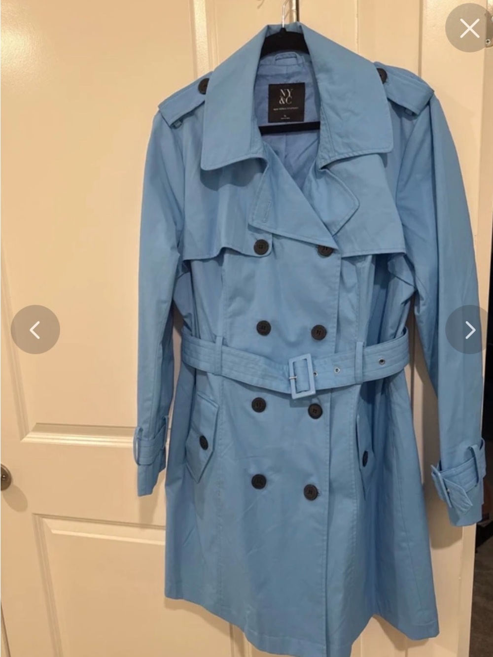 New York & Company Sky Blue Double-Breasted Trench Coat